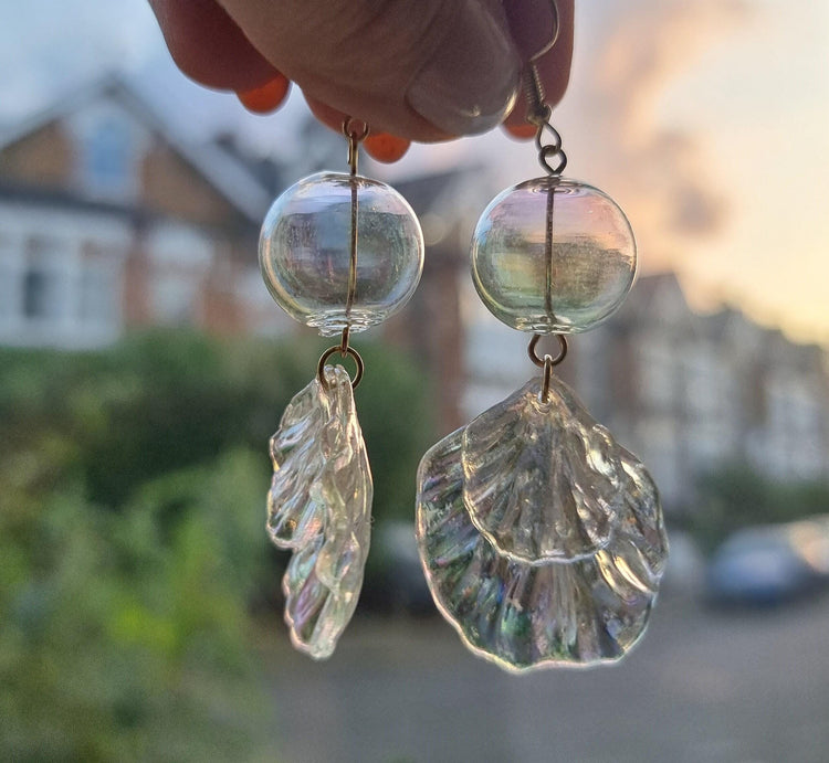 Mermaid Shell Earrings: Hand Blown Glass, Gold Plated - Nautical Jewelry