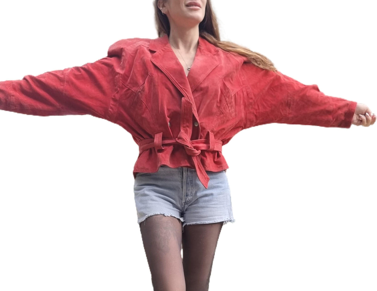 Red Suede Bomber Jacket: 1980s Batwing Sleeve Leather Biker Coat