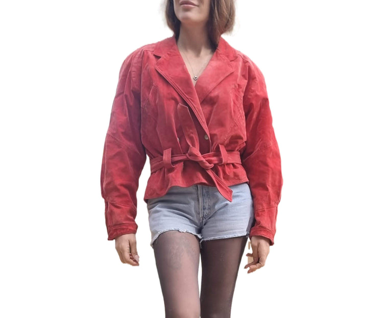 Red Suede Bomber Jacket: 1980s Batwing Sleeve Leather Biker Coat