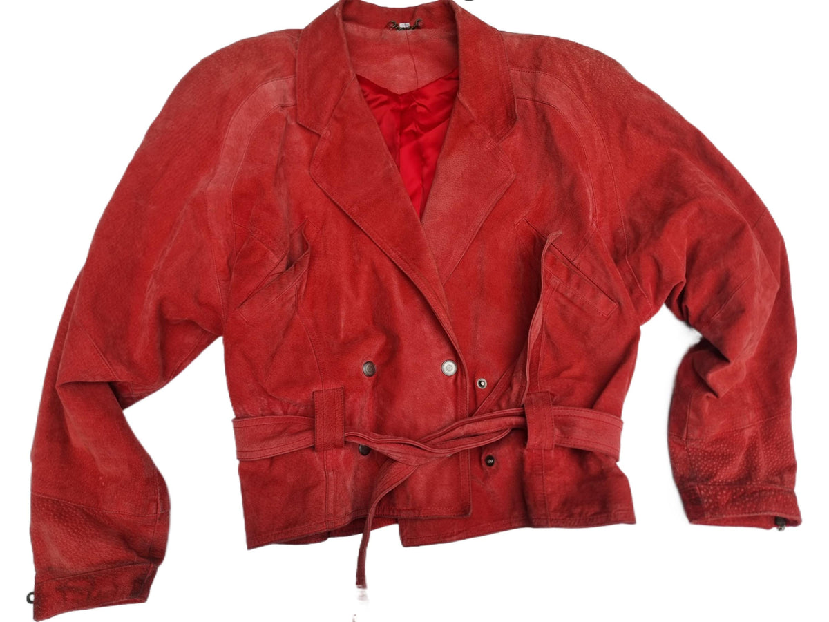 Red Suede Bomber Jacket: 1980s Batwing Sleeve Leather Biker Coat