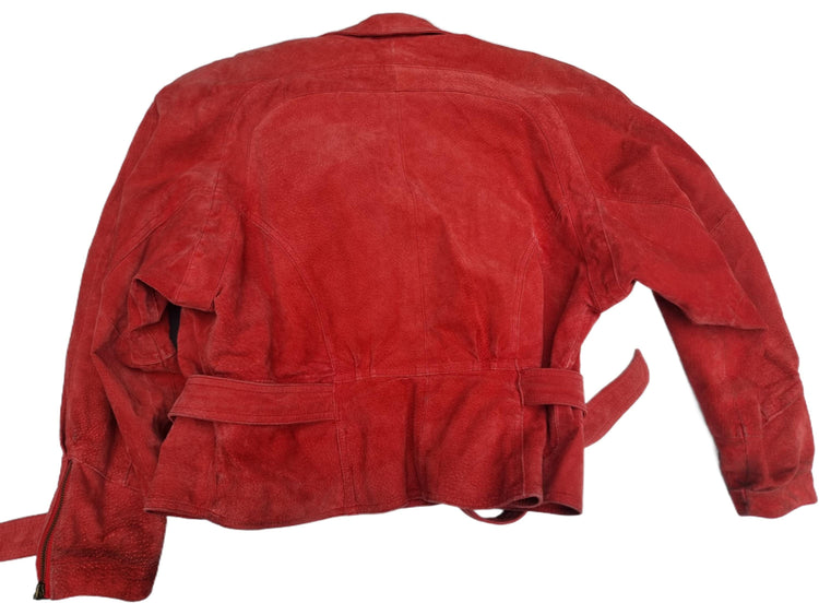 Red Suede Bomber Jacket: 1980s Batwing Sleeve Leather Biker Coat