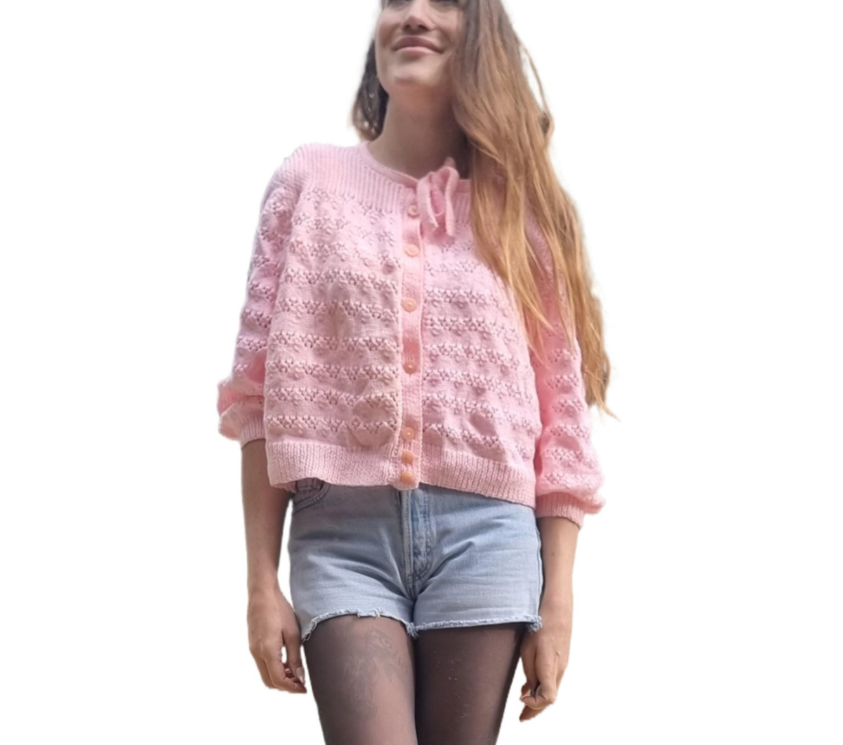 Hand-Knit Pink Babydoll Cardigan: 1950s Granny Y2K Sweater