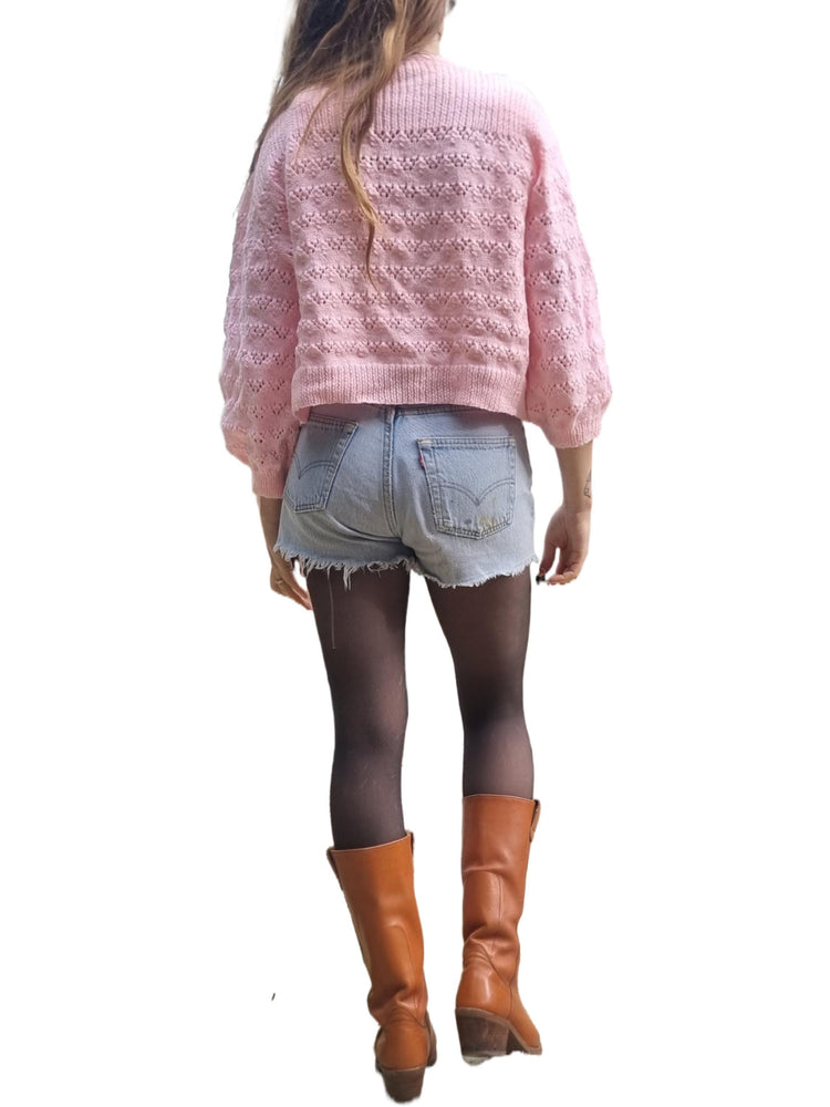Hand-Knit Pink Babydoll Cardigan: 1950s Granny Y2K Sweater