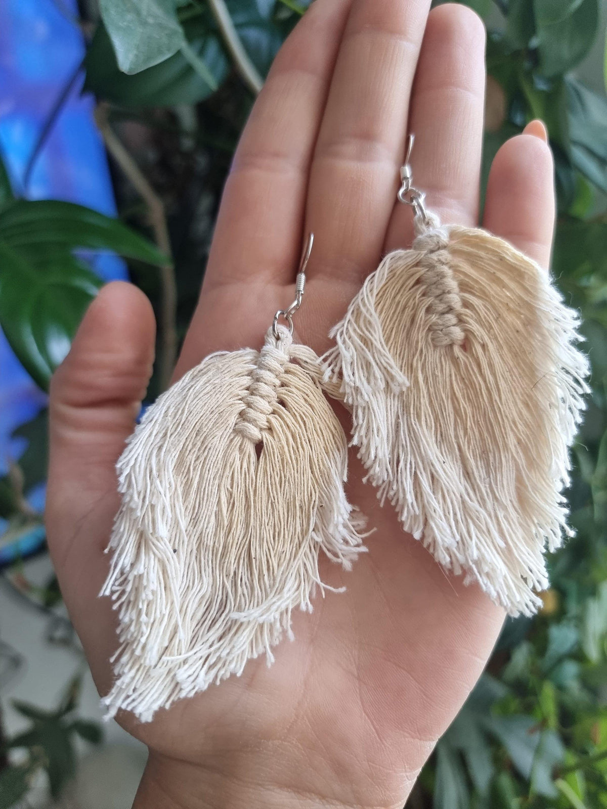 Boho macrame earrings, feather drop earrings, large botanical leaf, cotton summer accessories