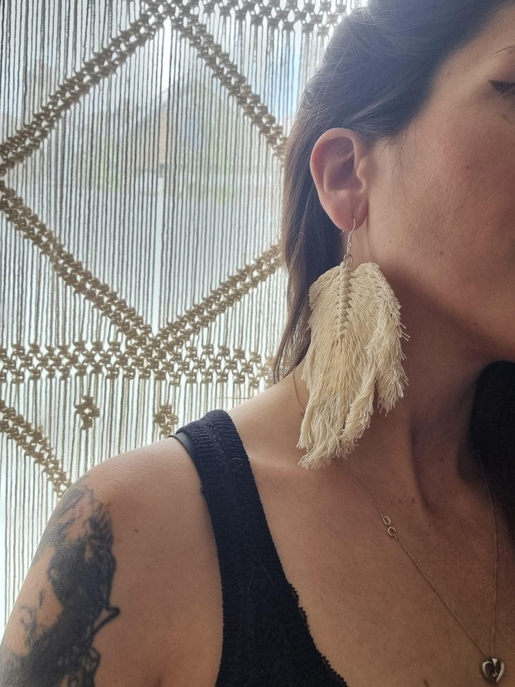 Boho macrame earrings, feather drop earrings, large botanical leaf, cotton summer accessories