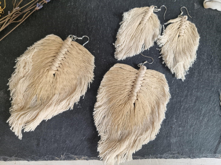 Hippie feather earrings, boho drop earrings macrame, large botanical leaf, summer festival accessories