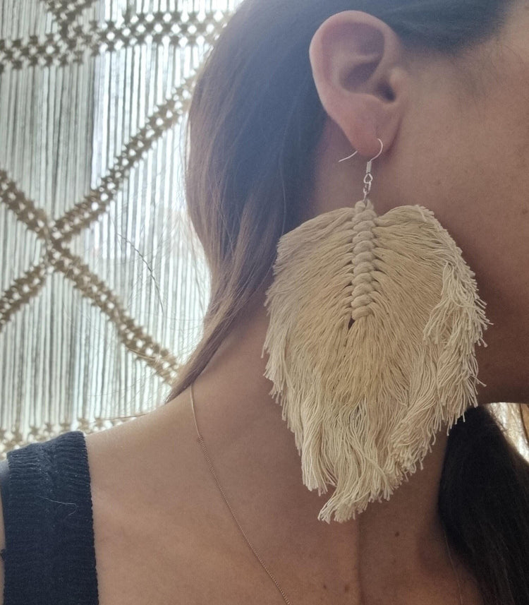 Hippie feather earrings, boho drop earrings macrame, large botanical leaf, summer festival accessories