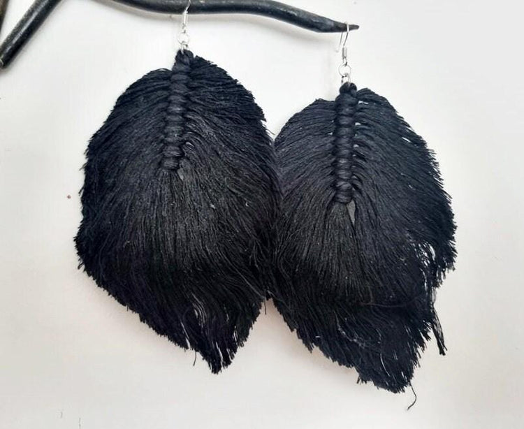 Hippie feather earrings, boho drop earrings macrame, large botanical leaf, summer festival accessories