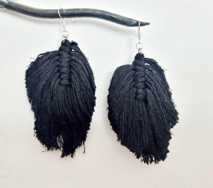 Hippie feather earrings, boho drop earrings macrame, large botanical leaf, summer festival accessories