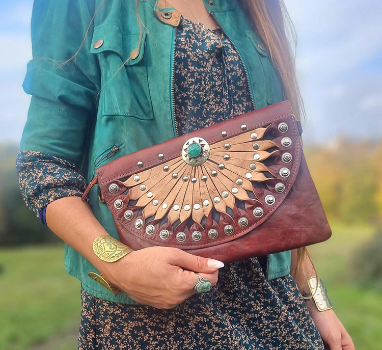 Studded Leather Envelope Clutch: Moroccan Crossbody Bag with Rising Sun