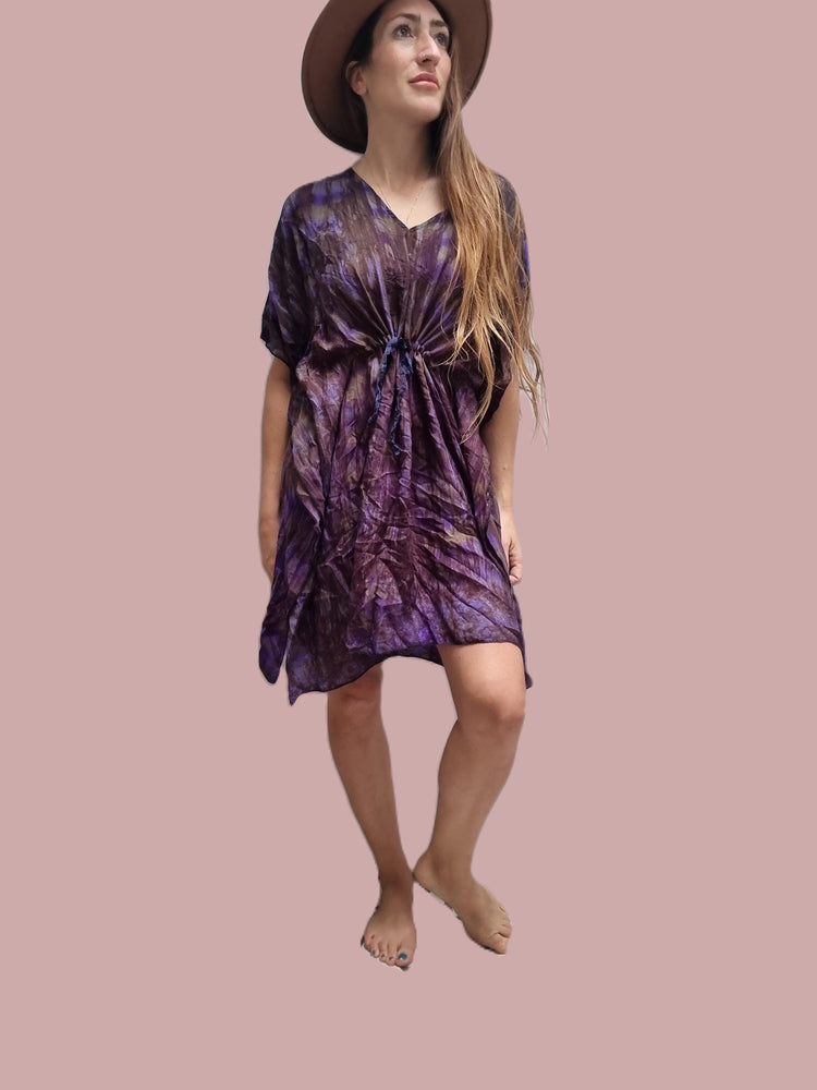 Tie Dye Silk Kaftan Dress: Boho Beach Cover-Up, Adjustable Fit