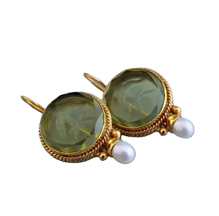 Art Deco Intaglio Earrings: Green Crystal, Faux Pearl, Brass Dangles