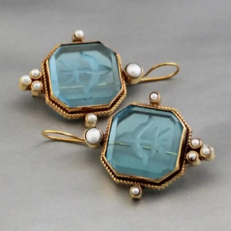 Intaglio Crystal Drop Earrings: Vintage Pearl, Brass, Art Deco