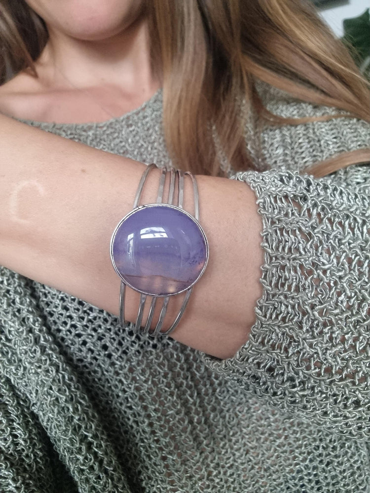 Blue Lace Agate Cuff Bracelet – Silver Plated Purple Gemstone Statement Jewellery
