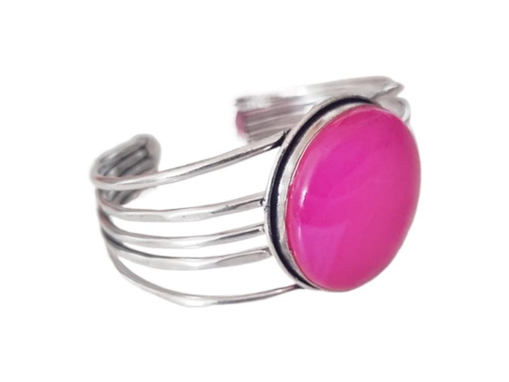 Hot Pink Agate Cuff Bracelet: Sterling Silver Plated Boho Jewelry
