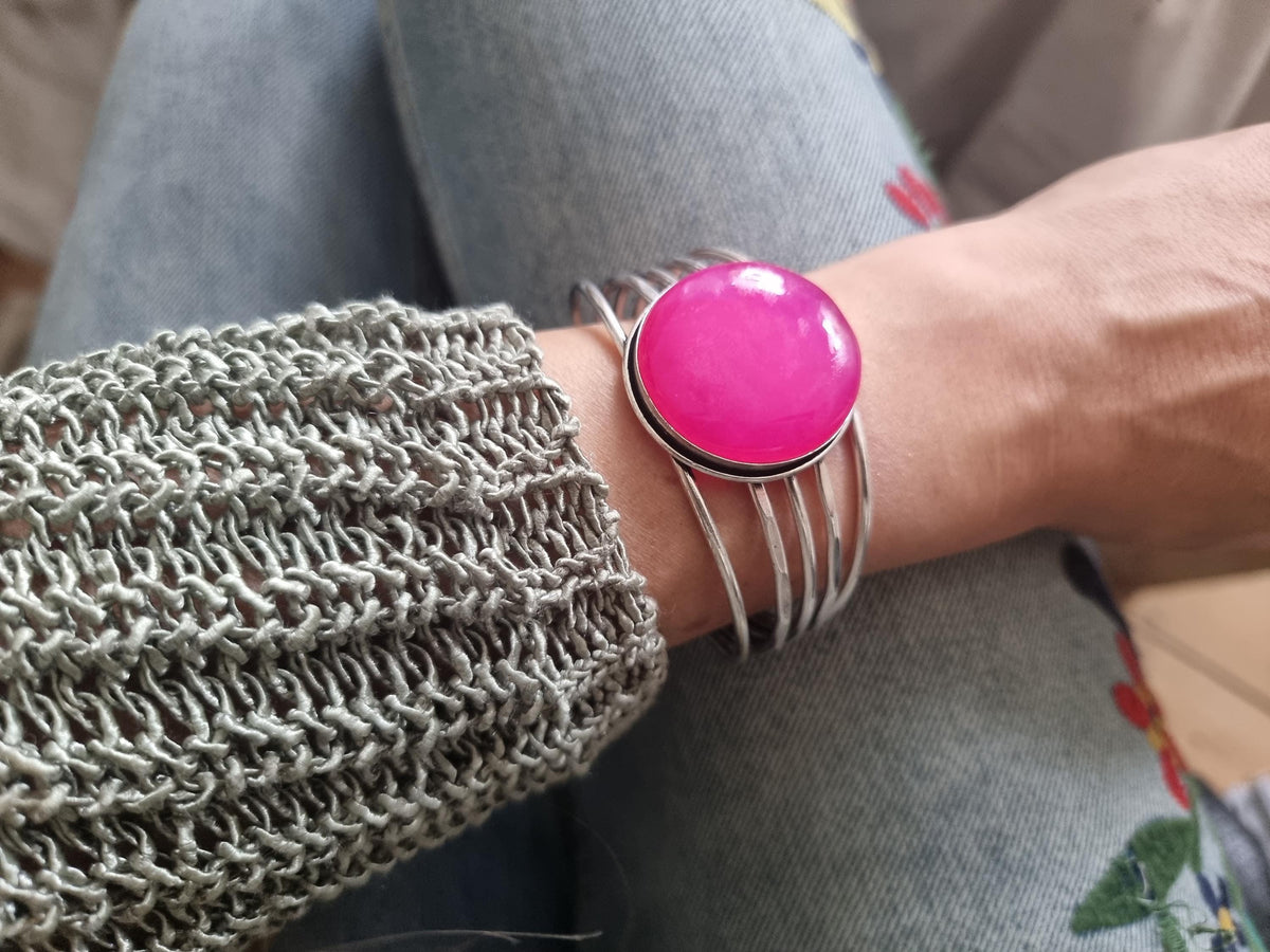 Hot Pink Agate Cuff Bracelet: Sterling Silver Plated Boho Jewelry