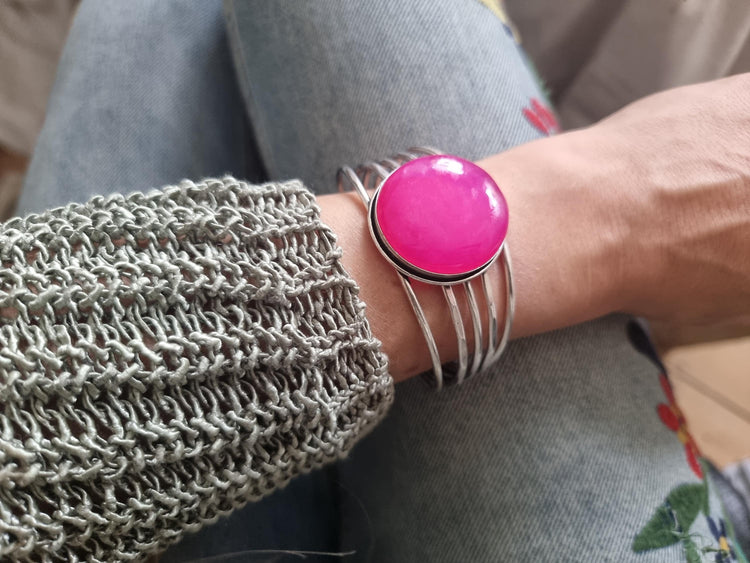 Hot Pink Agate Cuff Bracelet: Sterling Silver Plated Boho Jewelry