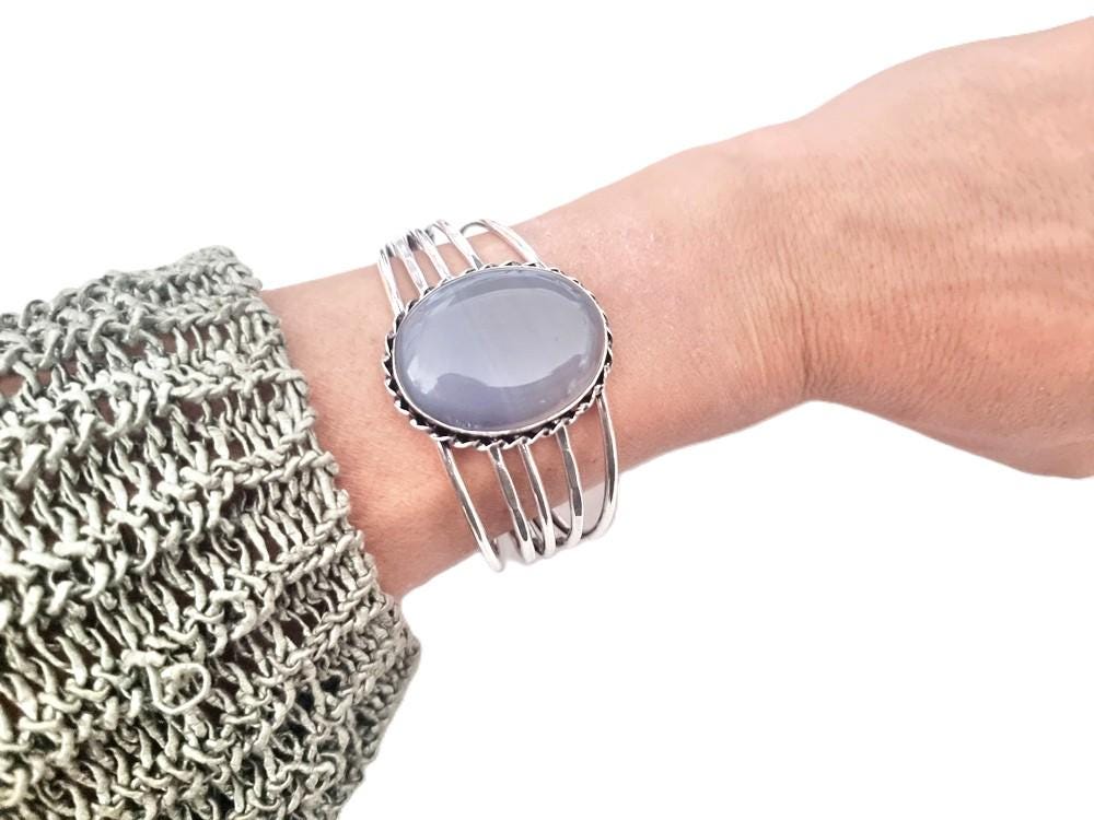 Blue Lace Agate Cuff Bracelet: Sterling Silver Plated Boho Bangle