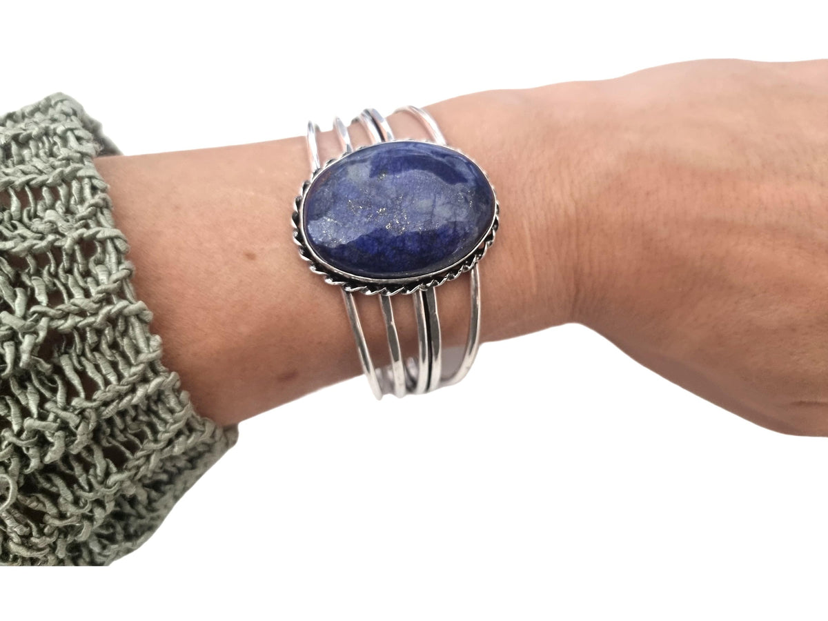 Lapis Lazuli Stone Bangle Bracelet: Sterling Silver Plated Boho Cuff Bracelet