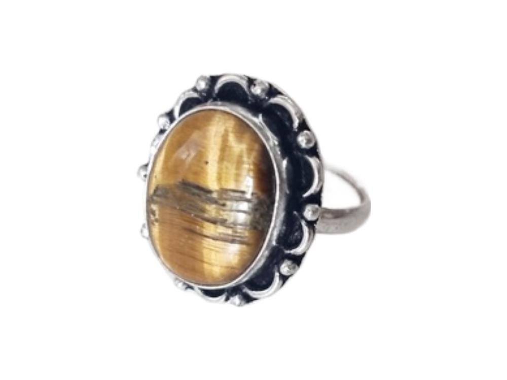 Tiger Eye Ring: Sterling Silver-Plated Boho Statement Ring (Size Q, 17.3mm)