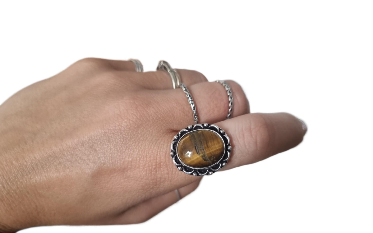 Tiger Eye Ring: Sterling Silver-Plated Boho Statement Ring (Size Q, 17.3mm)