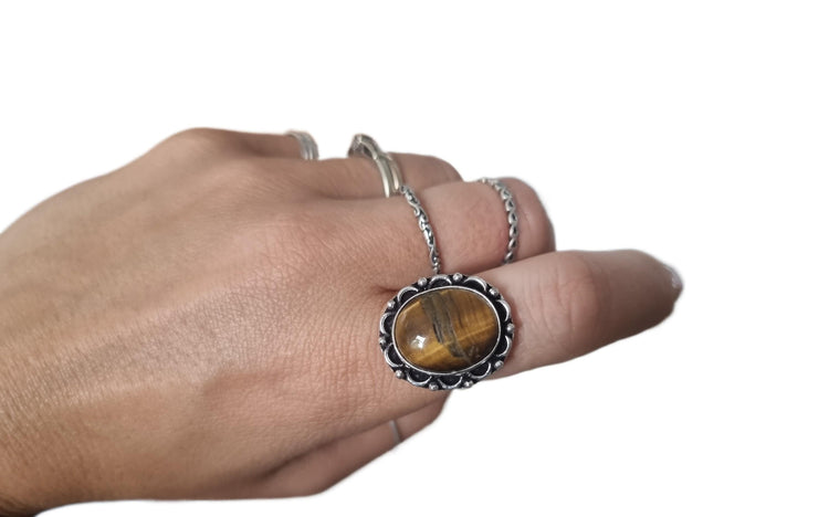 Tiger Eye Ring: Sterling Silver-Plated Boho Statement Ring (Size Q, 17.3mm)
