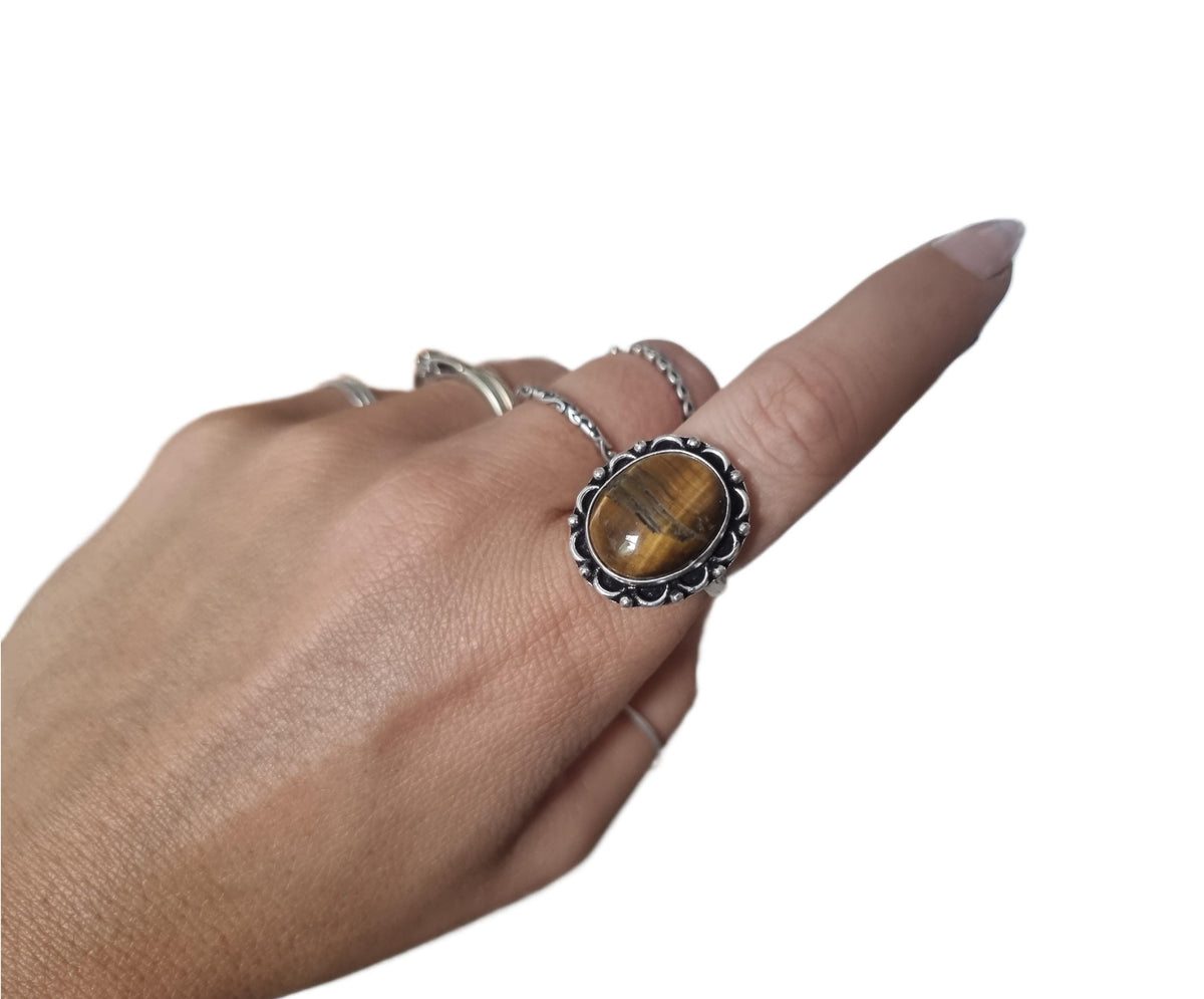 Tiger Eye Ring: Sterling Silver-Plated Boho Statement Ring (Size Q, 17.3mm)
