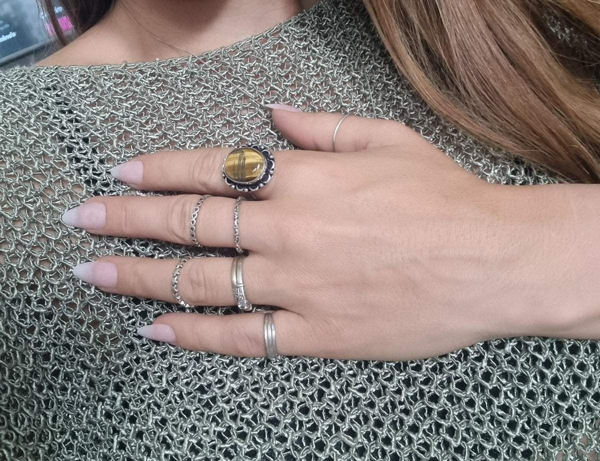Tiger Eye Ring: Sterling Silver-Plated Boho Statement Ring (Size Q, 17.3mm)