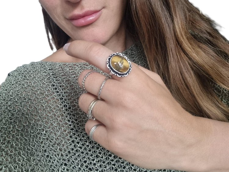 Tiger Eye Ring: Sterling Silver-Plated Boho Statement Ring (Size Q, 17.3mm)
