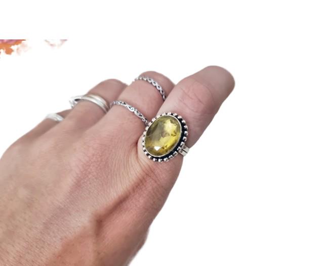Lemon Quartz Sterling Silver Ring - Handmade Boho Jewelry, UK Size P