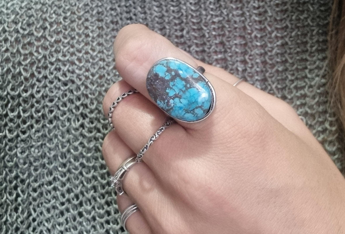 Adjustable Turquoise Sterling Silver Ring: Boho Gemstone Jewelry