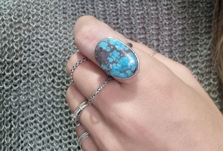 Adjustable Turquoise Sterling Silver Ring: Boho Gemstone Jewelry