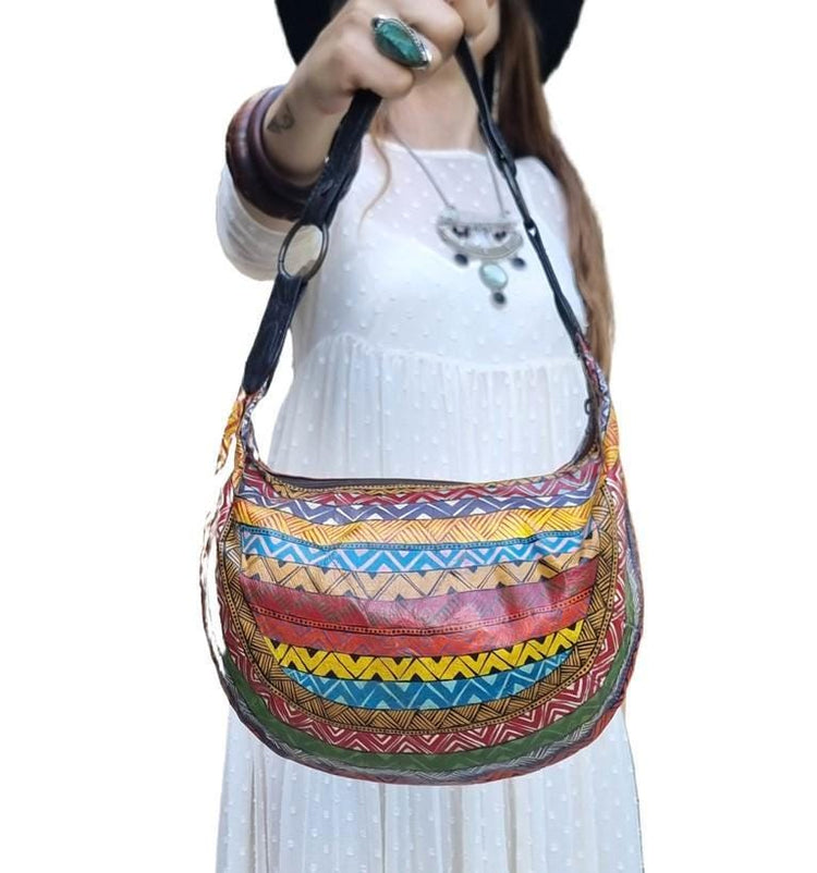 Hand-Painted Leather Shoulder Bag: African Tribal Art, Boho Saddle Bag