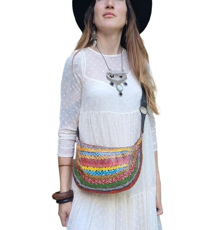 Hand-Painted Leather Shoulder Bag: African Tribal Art, Boho Saddle Bag