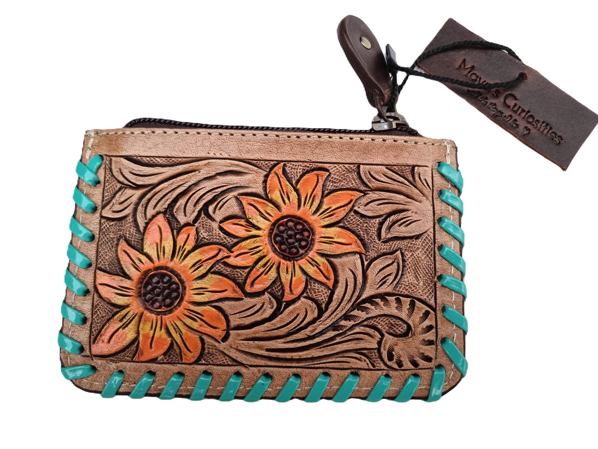 Hand Tooled Leather Mini Wallet: Sunflower or Blossom Design