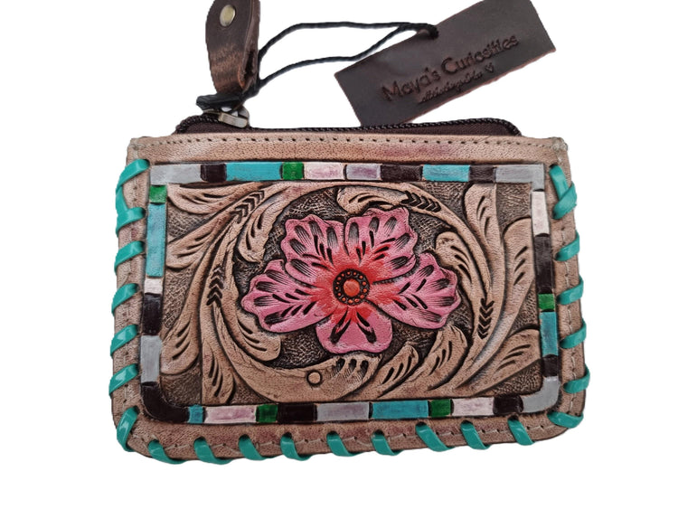 Hand Tooled Leather Mini Wallet: Sunflower or Blossom Design