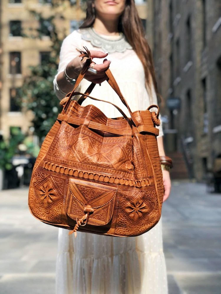 Handmade Leather Tote Bag: Large Boho Bucket Bag, Vintage Style