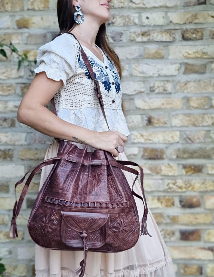 Extra Large Tooled Leather Shoulder Bag: Moroccan Boho Purse
