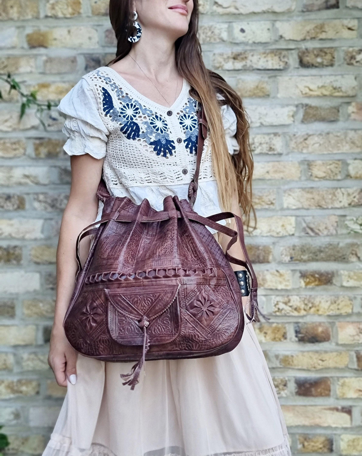 Extra Large Tooled Leather Shoulder Bag: Moroccan Boho Purse