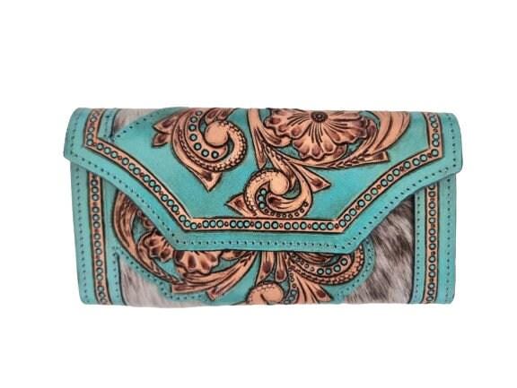 Hand Tooled Turquoise Leather Wallet: Floral Carved Cowhide Clutch