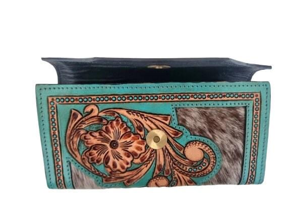 Hand Tooled Turquoise Leather Wallet: Floral Carved Cowhide Clutch