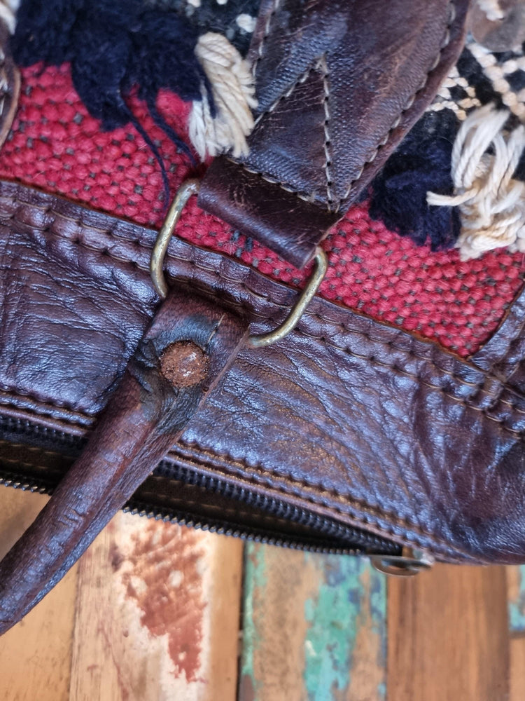 Vintage Moroccan Kilim Bag, Small Leather Weekender, Boho Travel Duffle, Hippie Overnight Bag, Carpet Travel Bag, Festival Bag