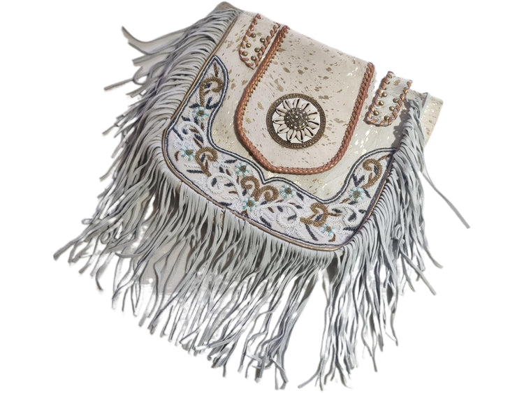 Beaded Cowhide Fringe Tote: Boho Leather Shoulder Bag