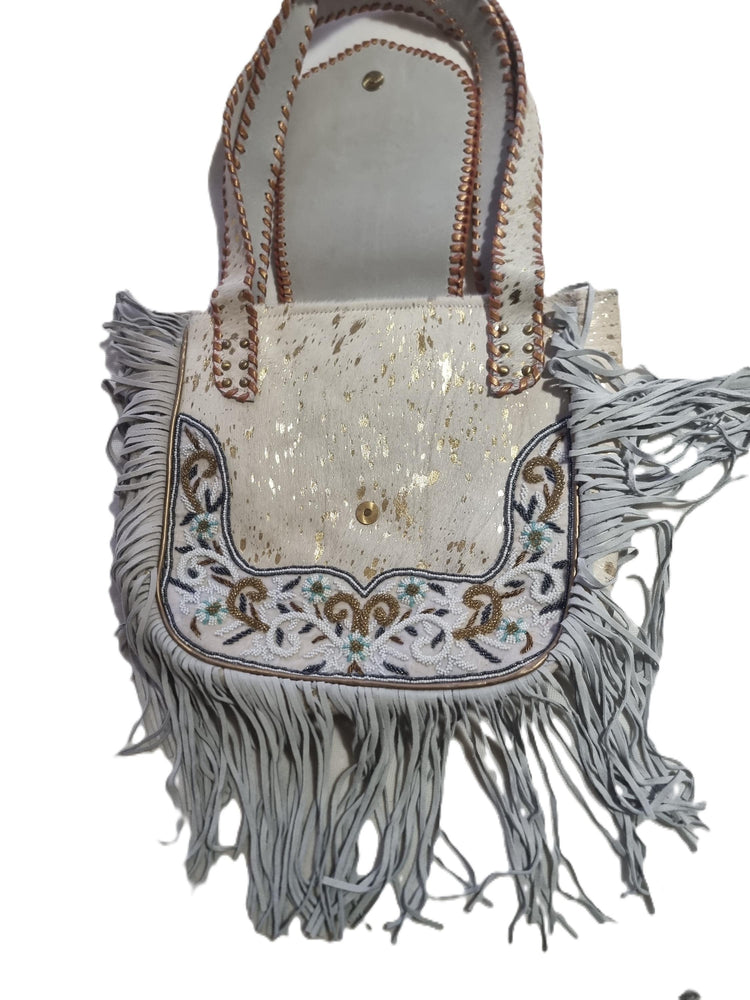 Beaded Cowhide Fringe Tote: Boho Leather Shoulder Bag