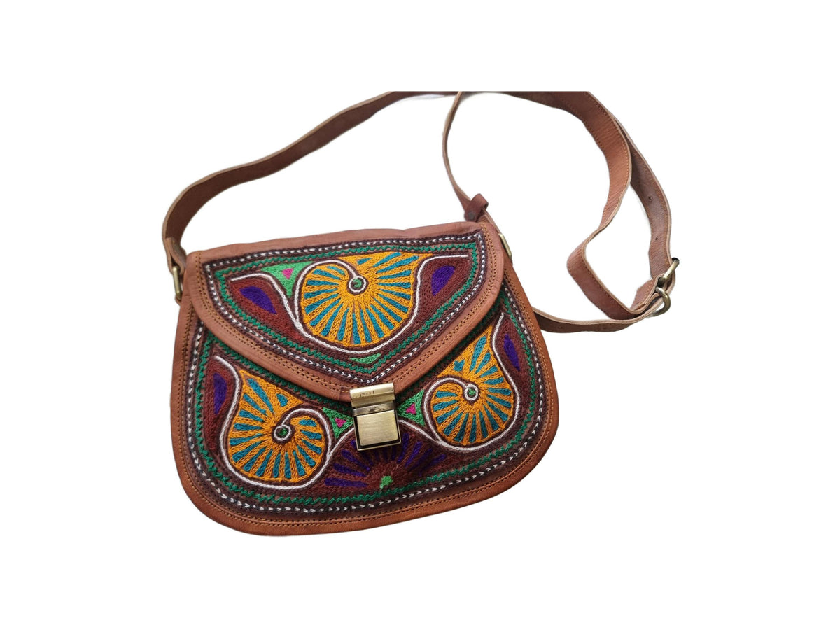 Embroidered Leather Crossbody Bag: Boho Hippie Festival Style