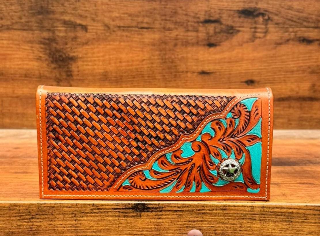 Hand Tooled Leather Western Wallet: Turquoise Leaf, Vintage Style