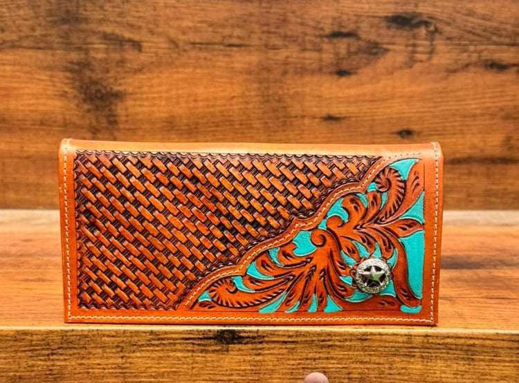 Hand Tooled Leather Western Wallet: Turquoise Leaf, Vintage Style