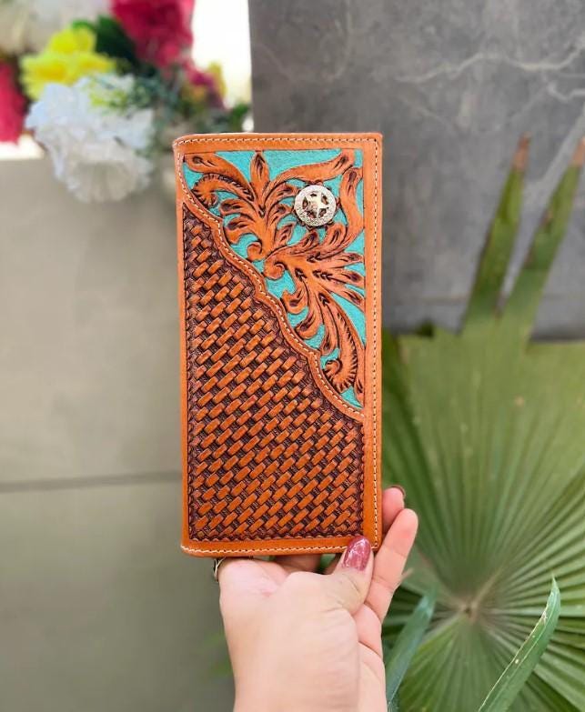 Hand Tooled Leather Western Wallet: Turquoise Leaf, Vintage Style