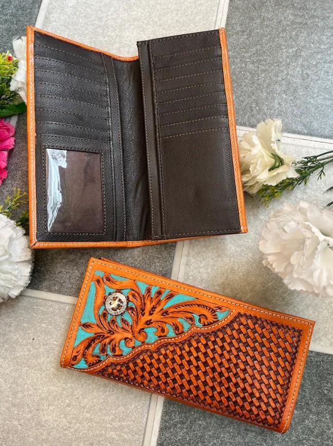 Hand Tooled Leather Western Wallet: Turquoise Leaf, Vintage Style