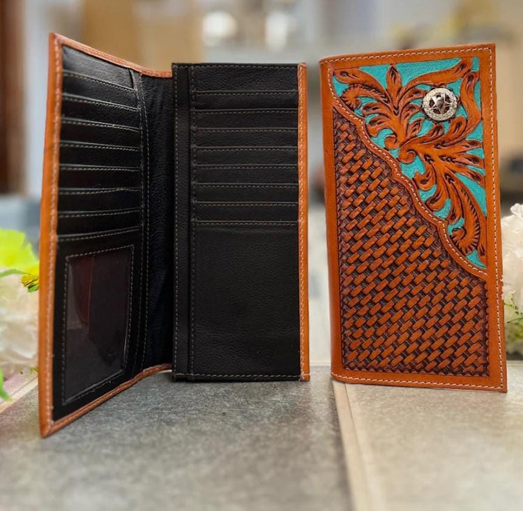Hand Tooled Leather Western Wallet: Turquoise Leaf, Vintage Style